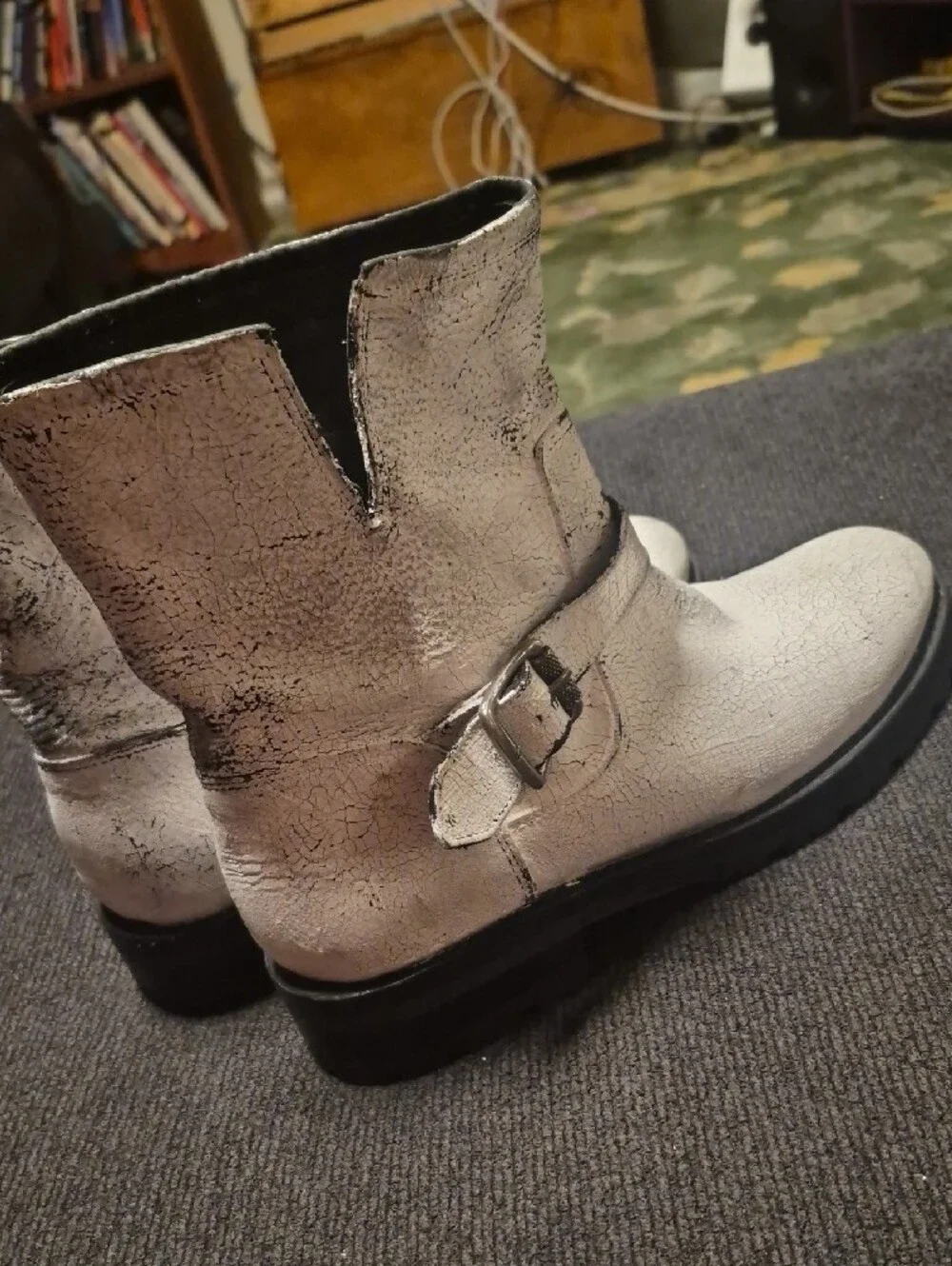 Frye White Distressed Leather Buckle Ankle Boots